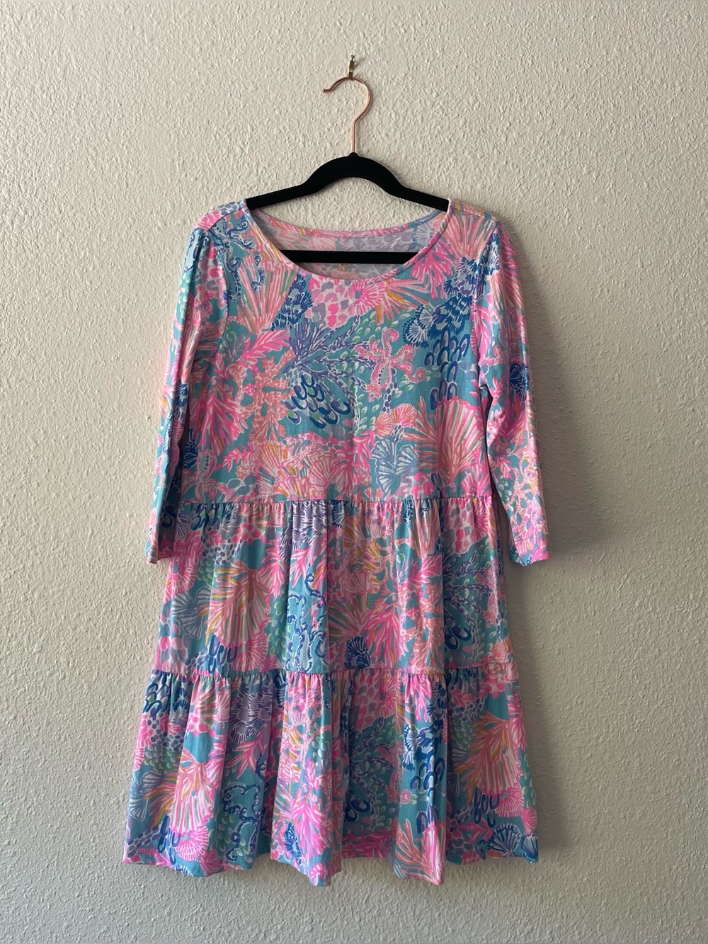 Lilly Pulitzer Girls Tiered Dress Size 8-10 Pink Blue Coral Print Cotton